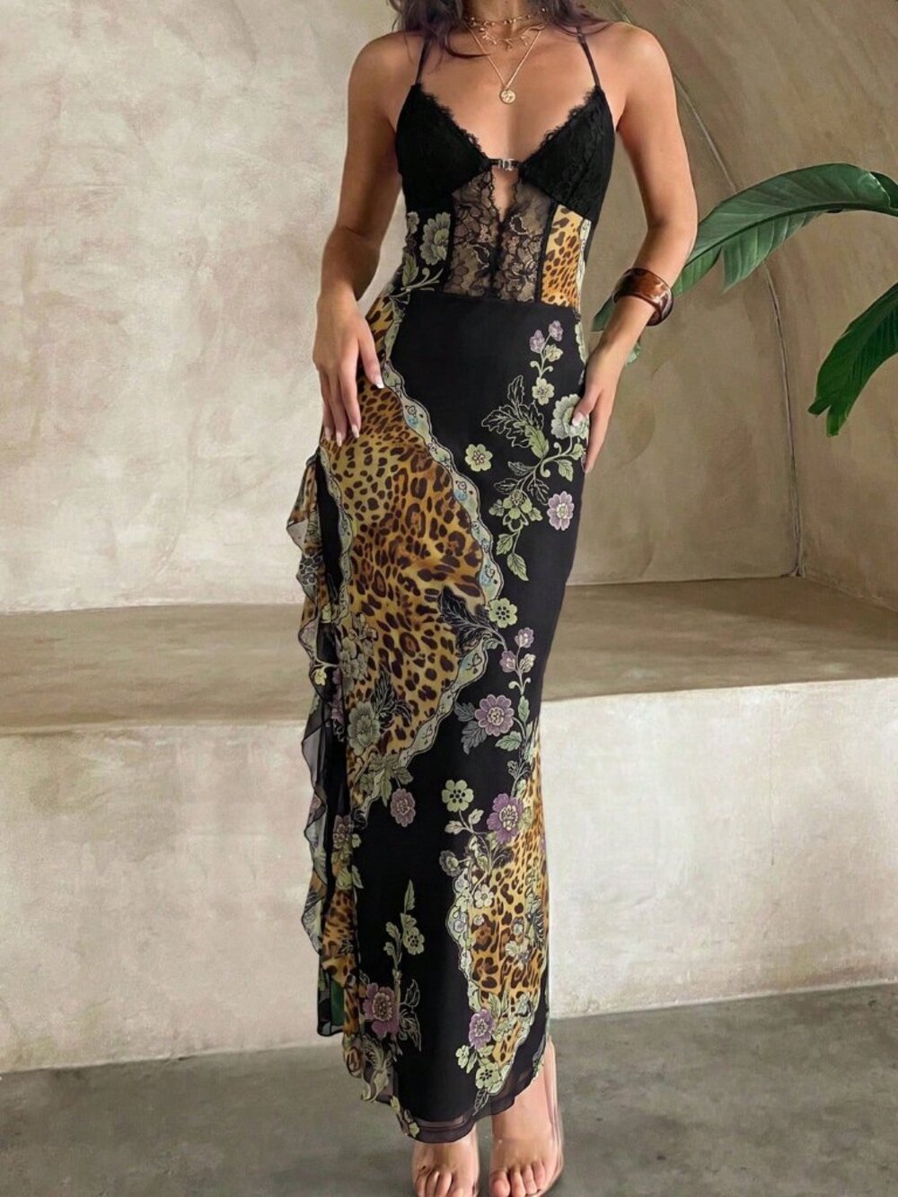 Multicolor Sexy Women's Patchwork Ruffle Hem Slit Dress - Picture 5 of 7